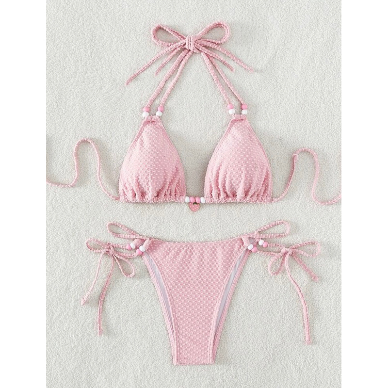 Hàng có sẵn | Set bikini 2 mảnh đính cườm cột dây khoen trái dâu
