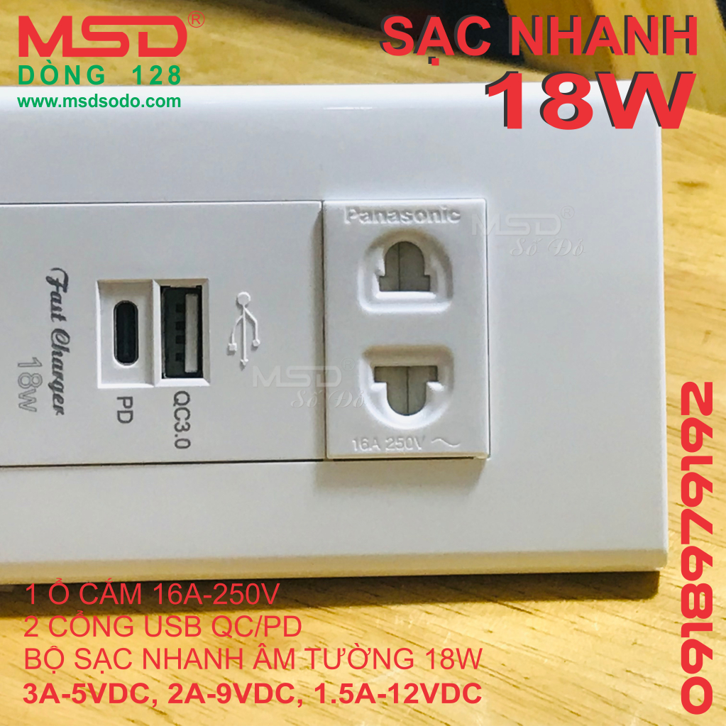 BỘ SẠC NHANH 18W ÂM TƯỜNG - 2 CỔNG SẠC QC/PD - USB-A/USB-C - MAX 3A/5VDC  VÀ 1 Ổ CẮM 2 CHẤU PANASONICS 16A250VAC