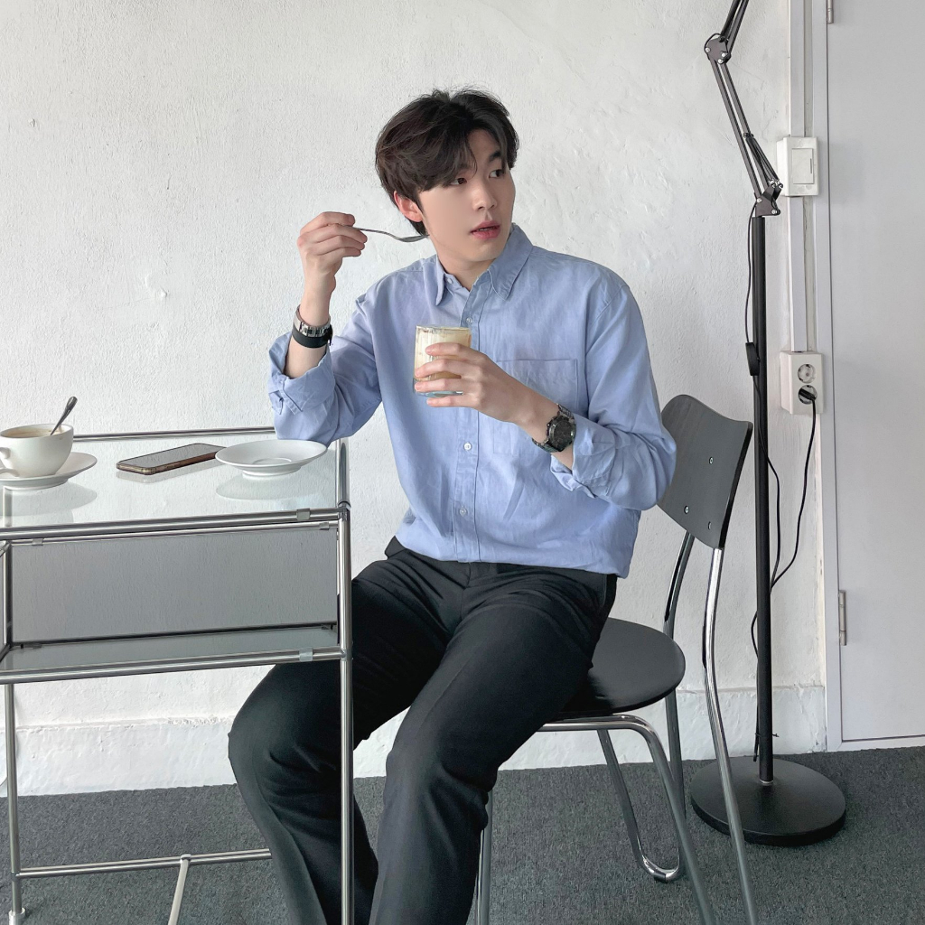 Áo Sơ Mi Cổ Bẻ Nam Xanh Kẻ Sọc Chất Vải Tốt Dáng Rộng Hot Hit Công Sở Trẻ Trung