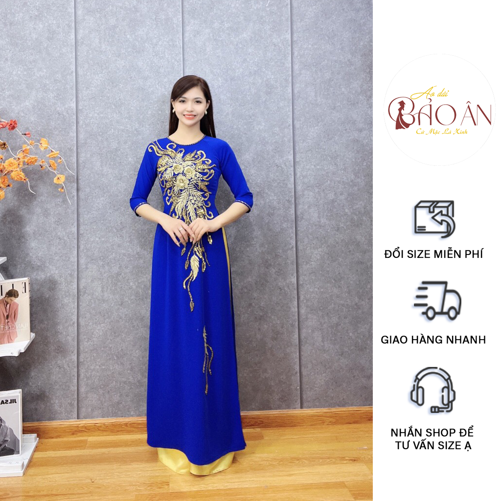 ÁO DÀI MẸ, BÀ SUI Áo Dài Màu Xanh cô ban Lụa Mỹ, Hoa Thêu Thủ Công Phù Hợp Đi Lễ Cưới Hỏi Đi Tiệc Sang Trọng