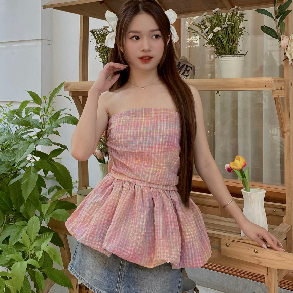 Áo quây chất thô peplum kẻ lưng chun kẻ hồng Jun Store 3010-P12k2