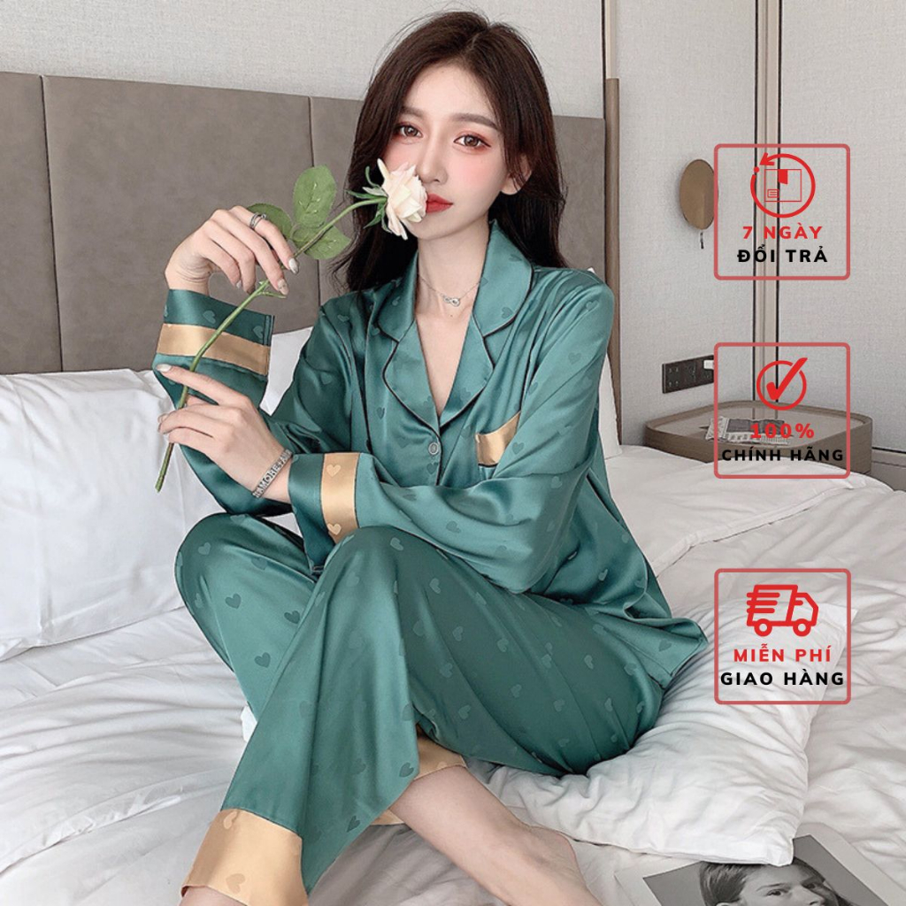Bộ Đồ Ngủ Pijama Lụa LADY QUEEN Họa Tiết Tim Dễ Thương Cao Cấp - LB18