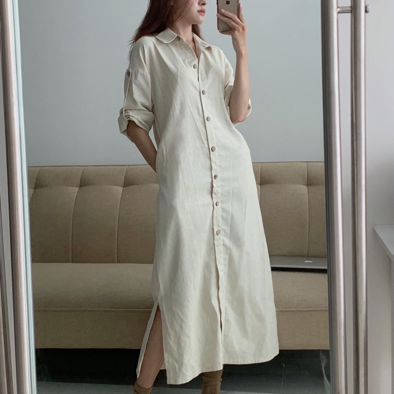 Váy sơ mi linen dáng suông dài PAAES hai kiểu tay dài/tay lỡ freesize[ảnh thật]