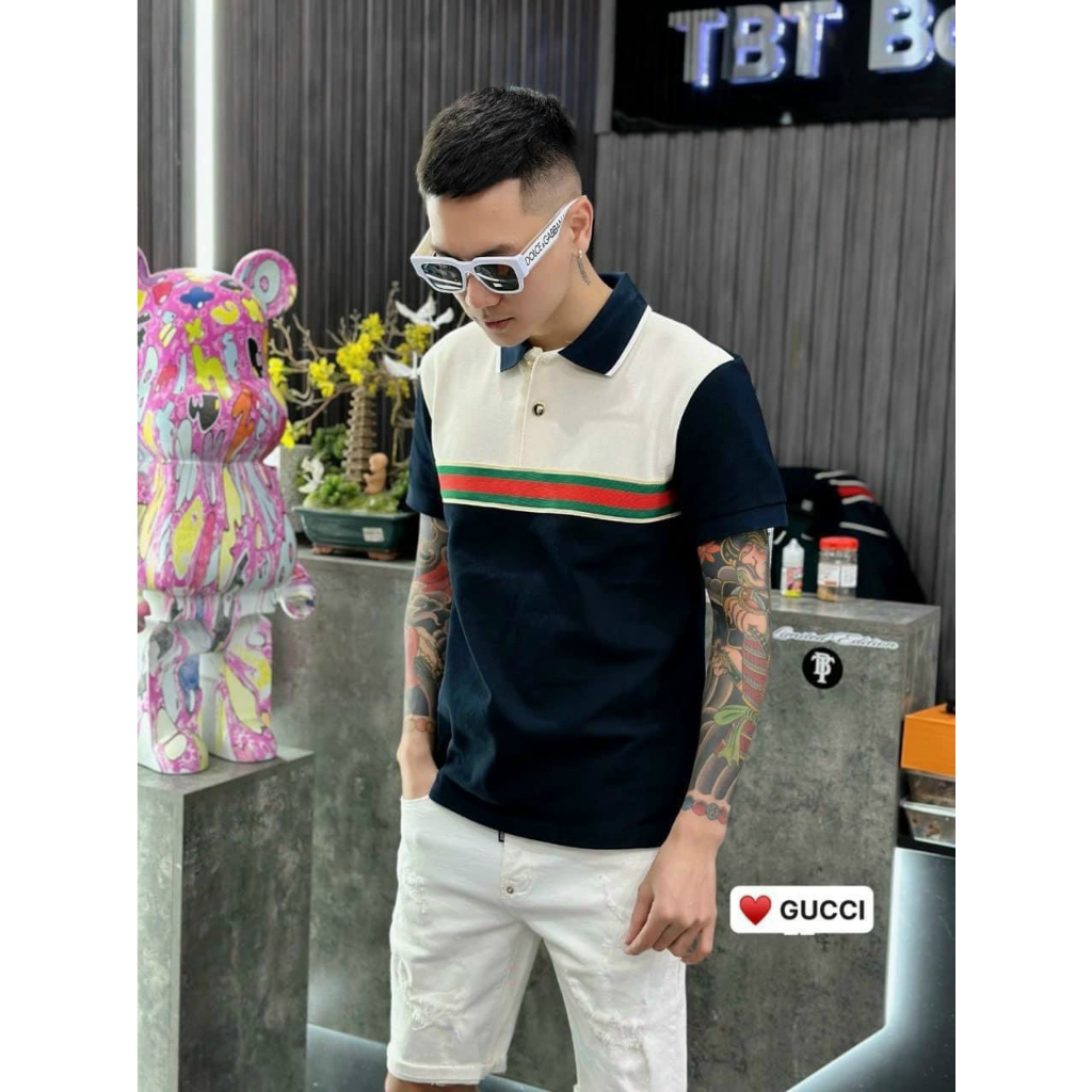 Áo Polo nam hoạ tiết kẻ ngực hai màu cựu trend