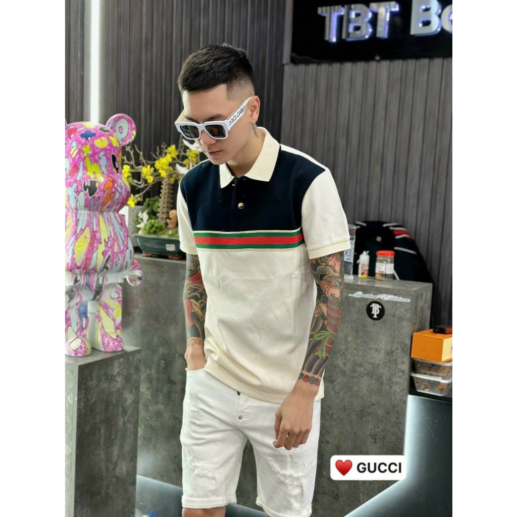 Áo Polo nam hoạ tiết kẻ ngực hai màu cựu trend