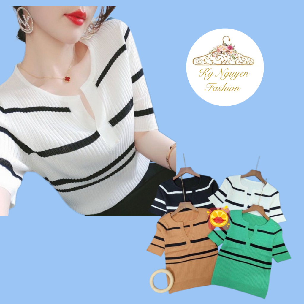 Áo len sọc dệt kim cổ xẻ chữ V hàng Quảng Châu