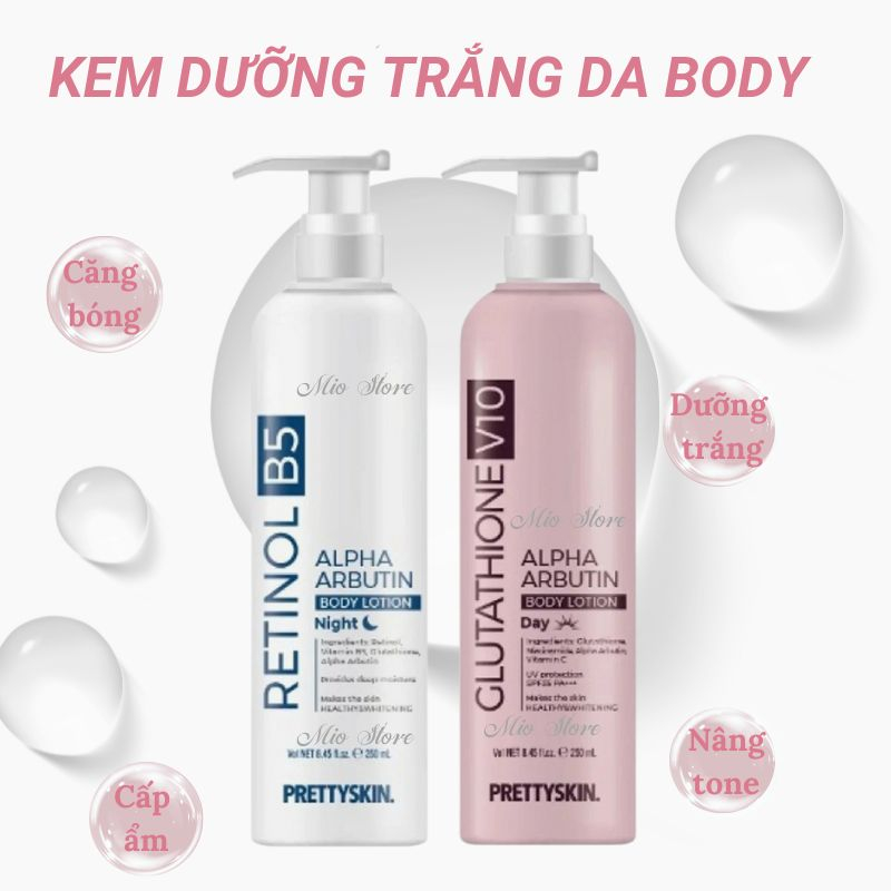 Kem Dưỡng Trắng Da Body Glutathione V10 Alpha Arbutin Body Lotion Prettyskin, Retinol B5 Pretty Skin nâng tone 250ml