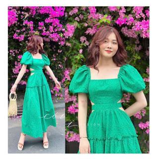 Rập giấy thiết kế, không phải quần áo. Rập đầm váy nữ midi dáng dài cổ vuông tay phồng tùng xoè cut-out eo đi biển xinh