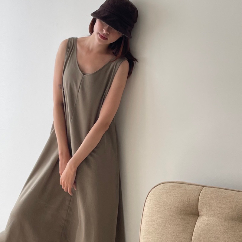 Váy Paaes linen suông dáng chữ A xoè màu nâu cedar mới [ảnh thật]