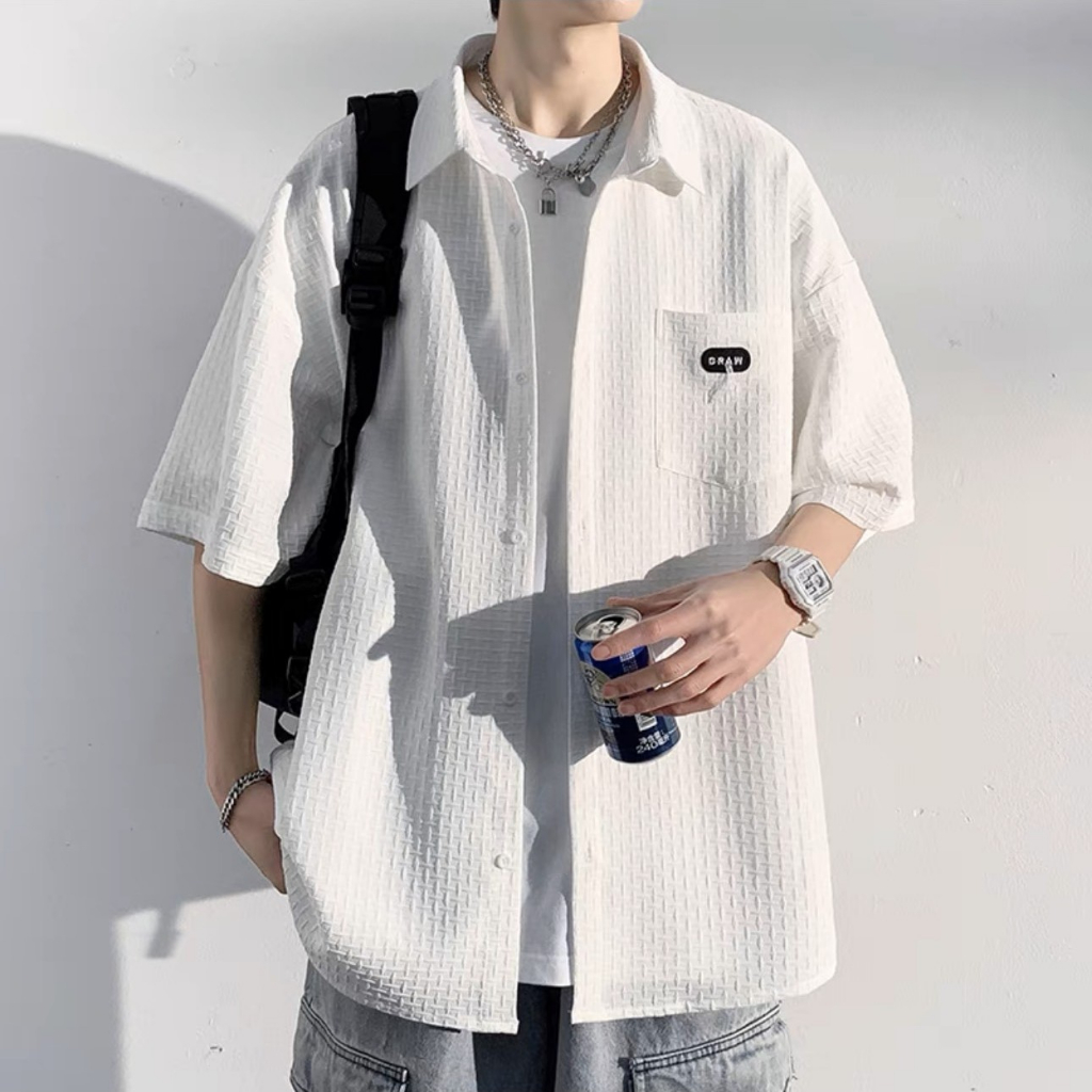 Áo sơ mi DRAW phối chỉ Tay lỡ Nam Nữ Unisex màu đen/ trắng Form Rộng vải dày dặn Phong Cách Ulzzang - GIDI
