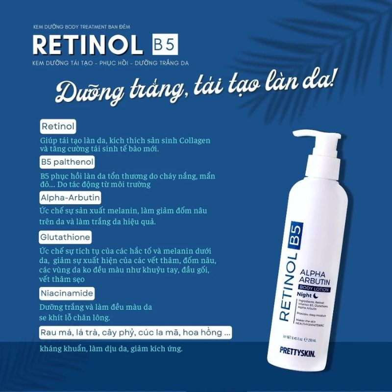 Kem Dưỡng Trắng Da Body Glutathione V10 Alpha Arbutin Body Lotion Prettyskin, Retinol B5 Pretty Skin nâng tone 250ml
