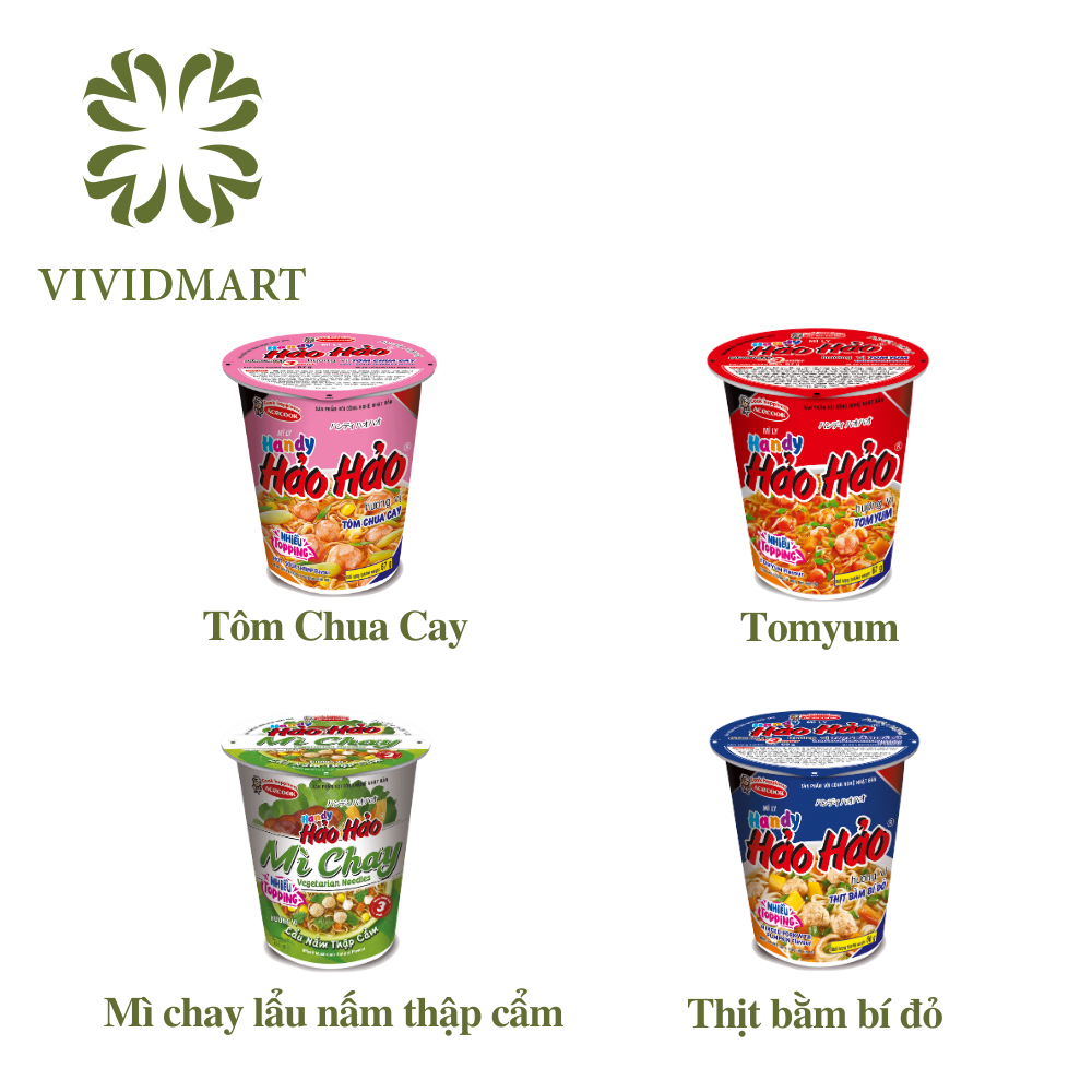 [LY LẺ] - ACECOOK - Mì ly Handy Hảo Hảo 4 vị: Tôm chua cay, Tomyum, thịt bằm bí đỏ và lẩu nấm thập cẩm chay (66g-67g/ly)