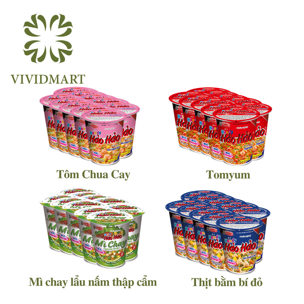 [SET 10 LY] - ACECOOK - Mì ly Handy Hảo Hảo 4 vị: Tôm chua cay, Tomyum, thịt bằm bí đỏ và lẩu nấm thập cẩm chay -66g-67g