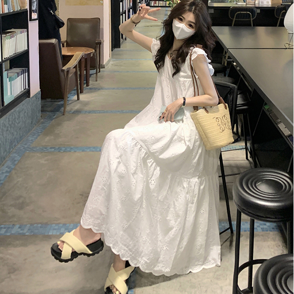 Đầm maxi trắng dáng A dài vai cánh tiên, váy maxi nữ dài viền ren chữ A  không tay cao cấp 4381