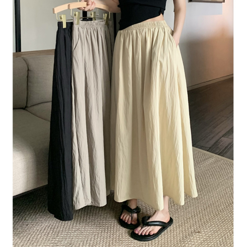 Chân váy cạp chun xếp ly dáng dài có túi, Váy xếp ly form rộng chất đũi mát phong cách vintage 1639