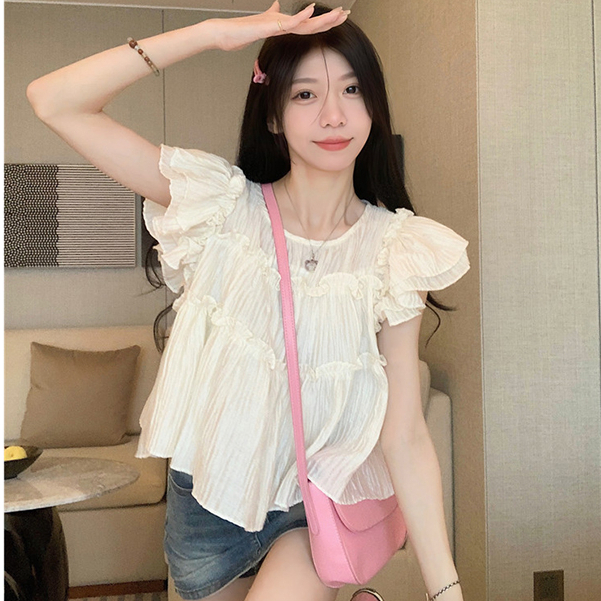 Áo sơ mi nữ tay ngắn cánh tiên bánh bèo, sơ mi nữ kiểu thiết kế điệu đà form rộng hàn quốc 8128