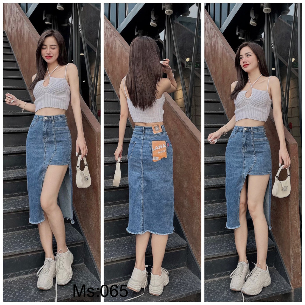 Chân Váy Jeans  Co Giãn Vạt Trước Xẻ Kiểu MS 065