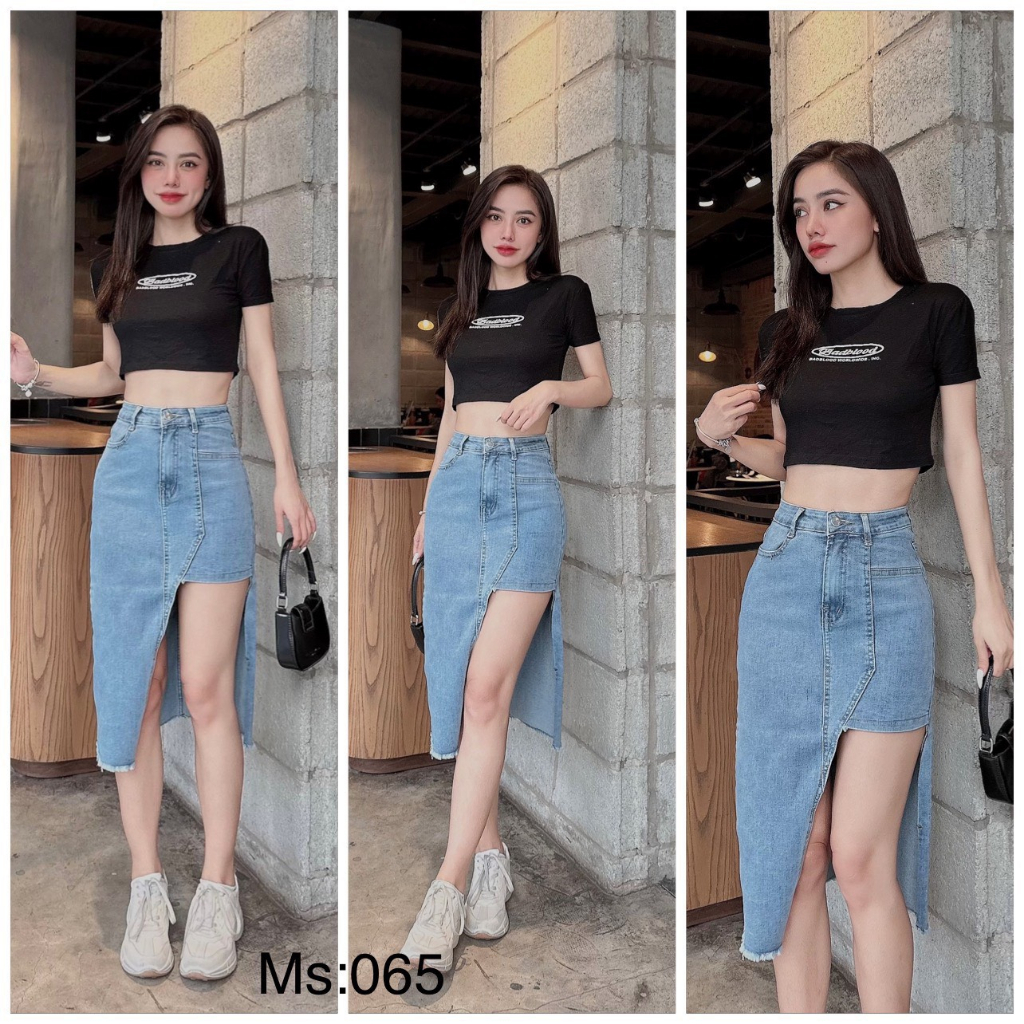 Chân Váy Jeans  Co Giãn Vạt Trước Xẻ Kiểu MS 065