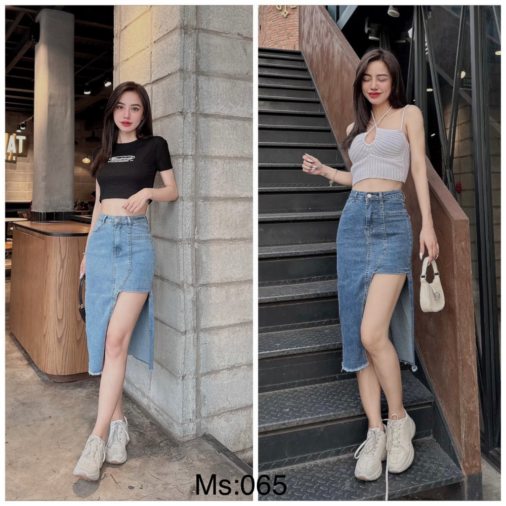 Chân Váy Jeans  Co Giãn Vạt Trước Xẻ Kiểu MS 065