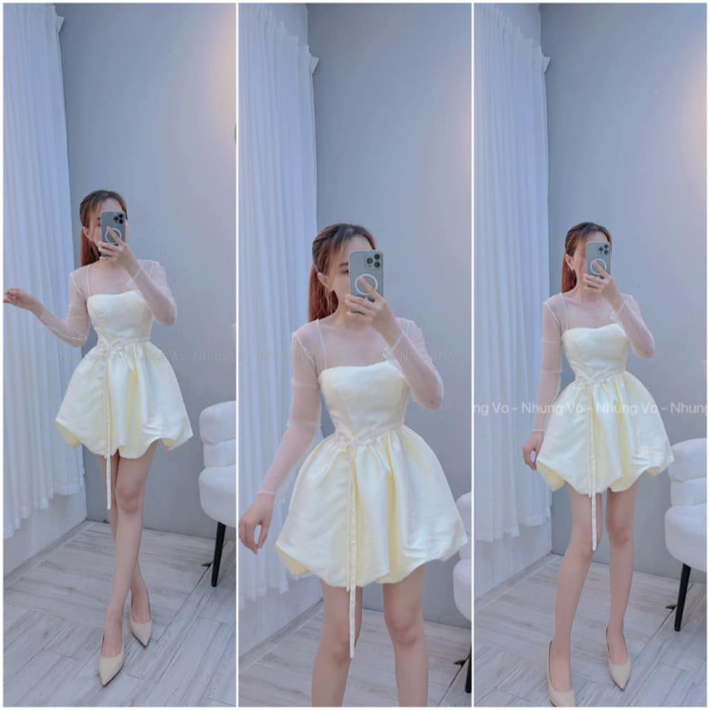 Đầm xòe phồng nơ eo phối lưới tay dài