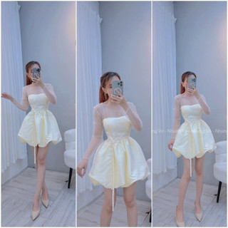 Đầm xòe phồng nơ eo phối lưới tay dài