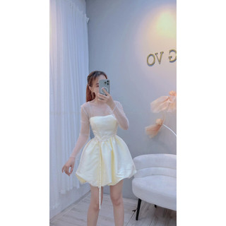 Đầm xòe phồng nơ eo phối lưới tay dài