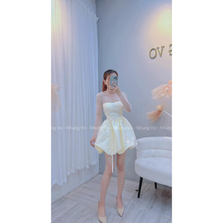 Đầm xòe phồng nơ eo phối lưới tay dài
