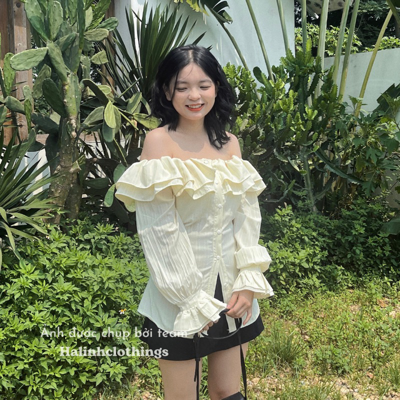 Áo trễ vai dài tay chất vải thô gân freesize- M27