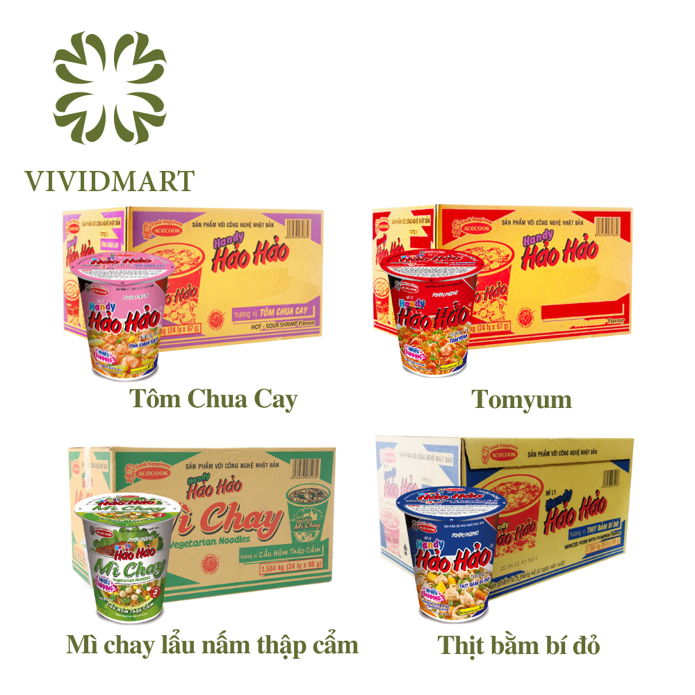 Mì Ly Handy Hảo Hảo 3 Vị: Tôm Chua Cay, Thịt Bằm Bí Đỏ, Lẩu Nấm Thập Cẩm Chay, Tomyum – Ly 68g –  Acecook