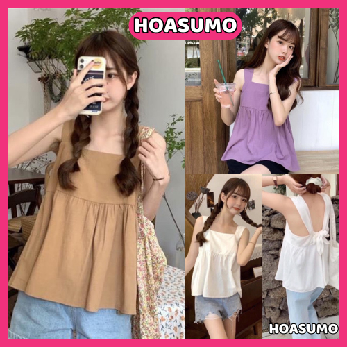 Áo babydoll nữ,áo hai dây bản to buộc nơ sau chất đũi mặc mát thấm hút mồ hôi cho mùa hè mã SA367 HOASUMO