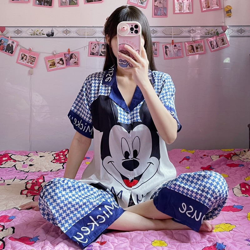 (Hình thật) Đồ bộ Pijama Sam lụa xước tay ngắn Mickey Mouse xanh dễ thương-hàng loại 1