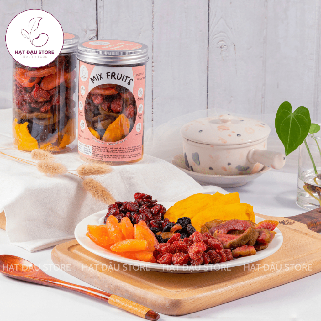 MIX 6 loại trái cây sấy dẻo nguyên vị: Dâu Tây, Xoài, Ổi Hồng, Nho khô, Chanh Dây, Nam Việt Quất 500Gr