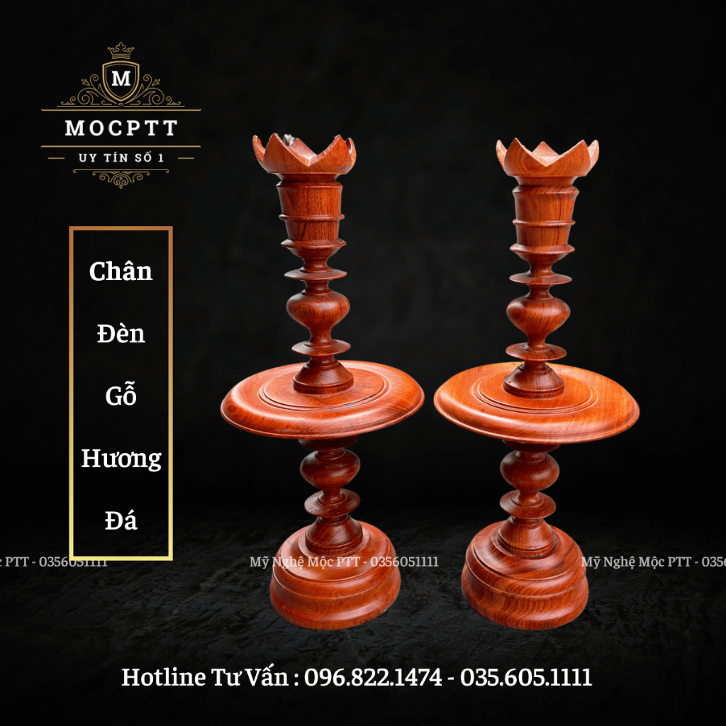 Cặp chân đèn thờ gỗ Hương kích thước cao 45 55 Cm