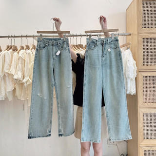Quần jeans xanh mài nhạt ống suông basic