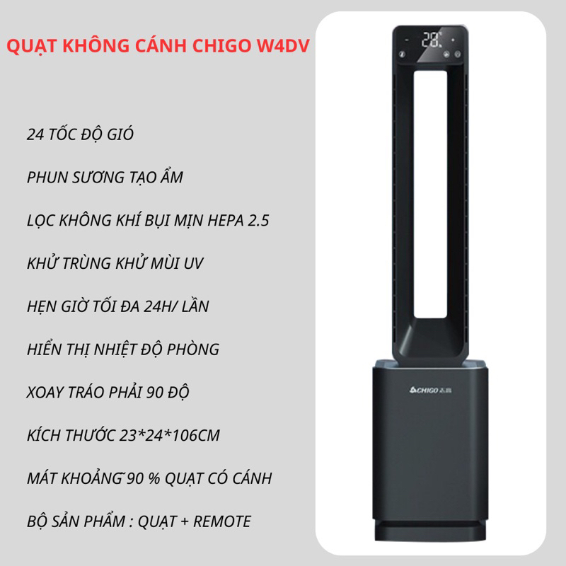 Quạt Không Cánh Phun Sương Lọc Không khí Khử Trùng - CHIGO W4DV - Lõi Lọc 3 Lớp Bụi Và Diệt Khuẩn