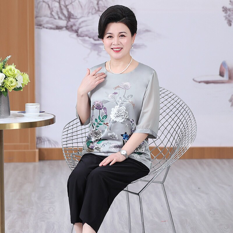 Áo sơ mi trung niên cho bà cho mẹ kiểu dáng sang trọng áo kiểu in hoa hàng quảng châu