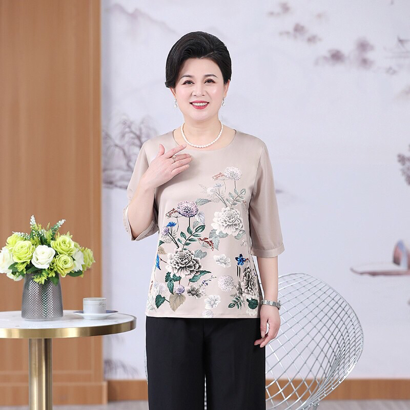 Áo sơ mi trung niên cho bà cho mẹ kiểu dáng sang trọng áo kiểu in hoa hàng quảng châu