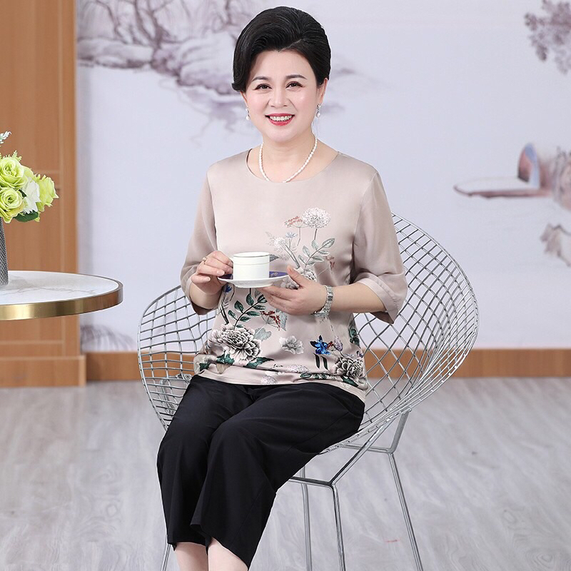 Áo sơ mi trung niên cho bà cho mẹ kiểu dáng sang trọng áo kiểu in hoa hàng quảng châu