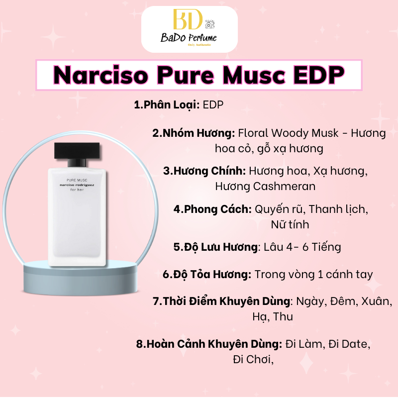 Nước hoa Nữ Narciso For Her-Nar Trắng, Hồng, Đen mẫu thử 2ml, 5ml, 10ml Musc Noir Rose Bado Perfume