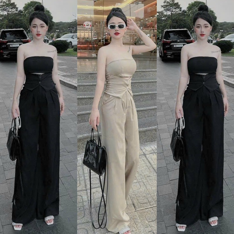 Set Bộ Tuyết Mưa Áo Quây Khuy Cài Vạt Nhọn + Quần Ống Xuông