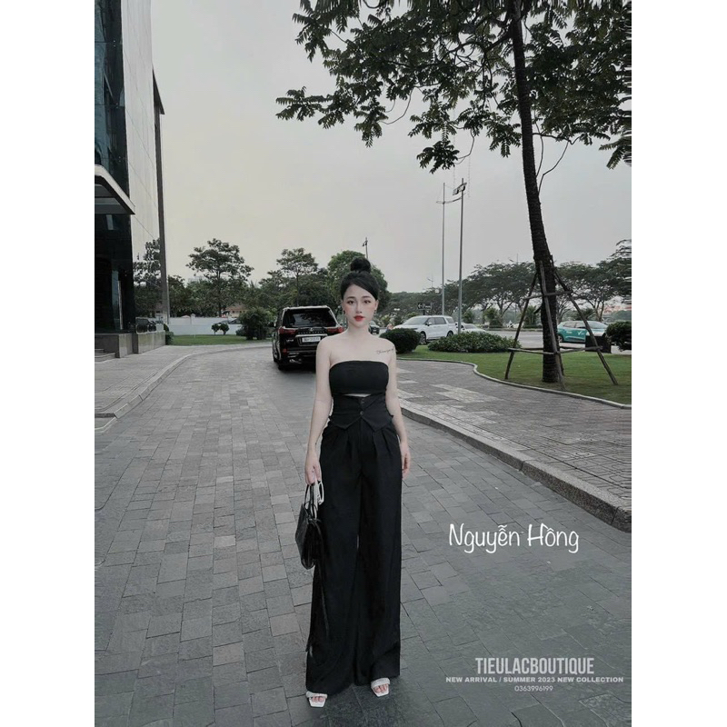 Set Bộ Tuyết Mưa Áo Quây Khuy Cài Vạt Nhọn + Quần Ống Xuông