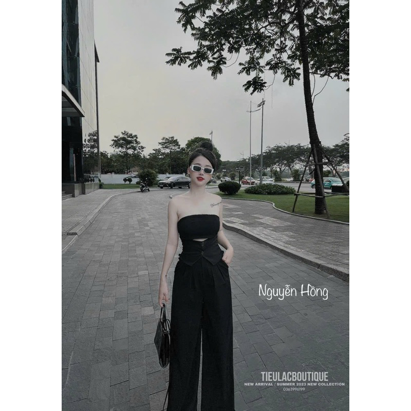 Set Bộ Tuyết Mưa Áo Quây Khuy Cài Vạt Nhọn + Quần Ống Xuông