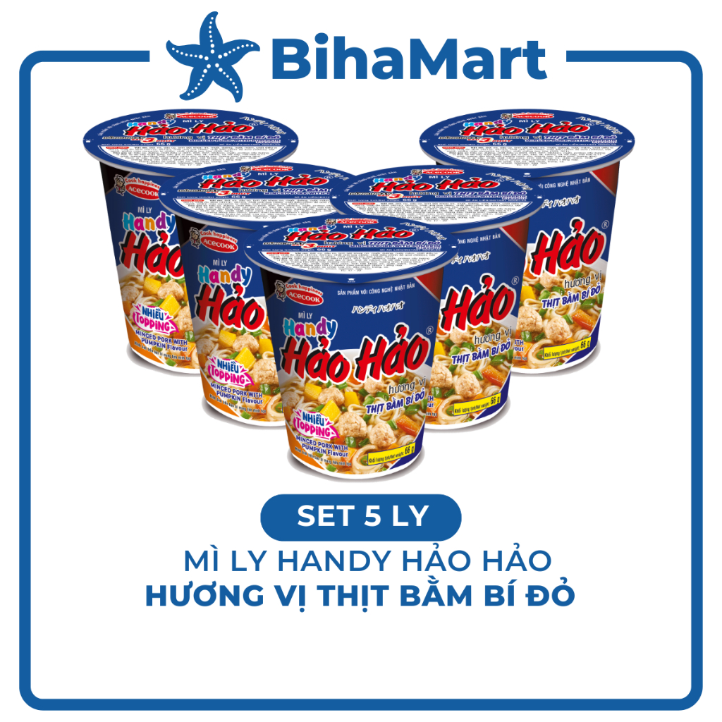 [SET 5 LY] - ACECOOK - Mì ly Handy Hảo Hảo thịt bằm bí đỏ - Mì Handy Hảo Hảo bí đỏ thịt bằm (66g/ly) - Mì Handy Hảo Hảo