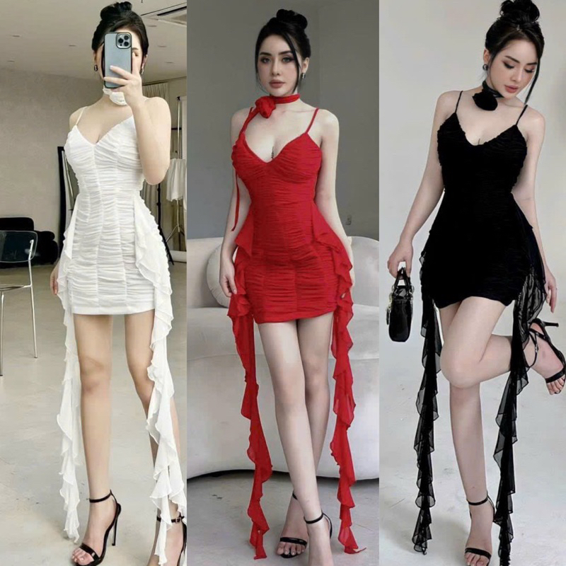 Đầm Body Lưới Nhún Cúp Ngực V Tua Rua Dài 2 Bên Basic + Hoa Đeo Cổ