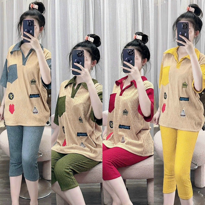 Set Bộ Ngố Xốp Nhún Áo Polo Phông Thêu Hoạ Tiết Nhí Tay Ngắn Túi Phối Màu Khoét Xẻ Lưng Rút + Quần Ống Ôm