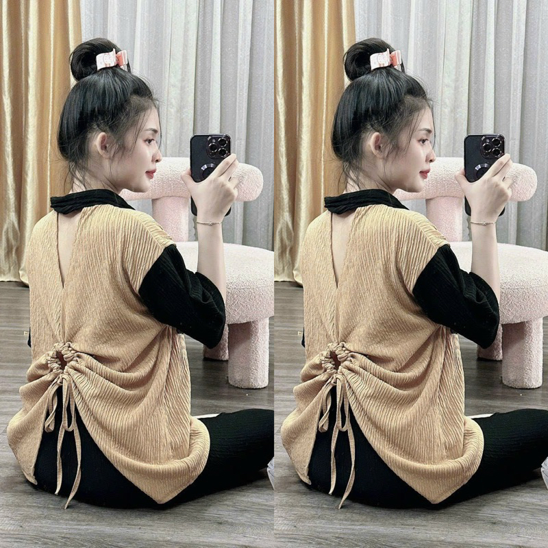 Set Bộ Ngố Xốp Nhún Áo Polo Phông Thêu Hoạ Tiết Nhí Tay Ngắn Túi Phối Màu Khoét Xẻ Lưng Rút + Quần Ống Ôm