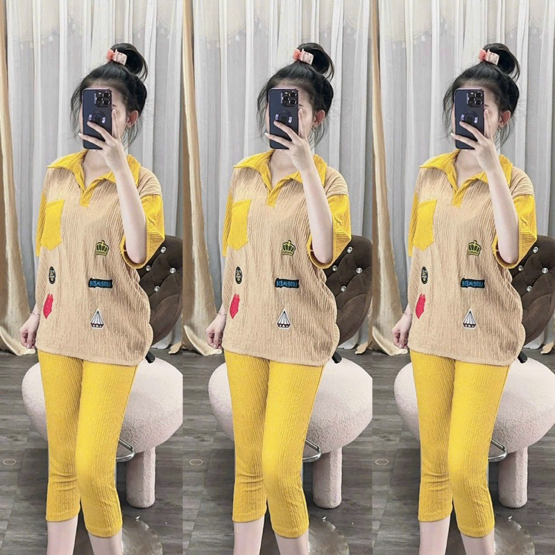 Set Bộ Ngố Xốp Nhún Áo Polo Phông Thêu Hoạ Tiết Nhí Tay Ngắn Túi Phối Màu Khoét Xẻ Lưng Rút + Quần Ống Ôm