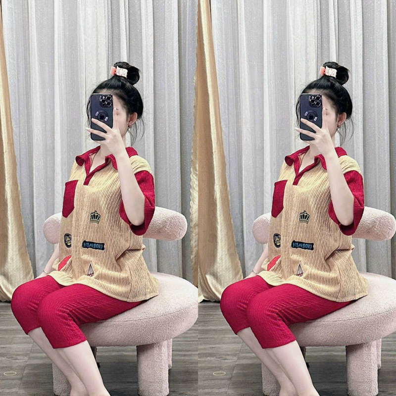 Set Bộ Ngố Xốp Nhún Áo Polo Phông Thêu Hoạ Tiết Nhí Tay Ngắn Túi Phối Màu Khoét Xẻ Lưng Rút + Quần Ống Ôm