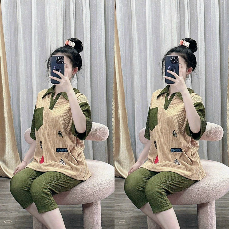 Set Bộ Ngố Xốp Nhún Áo Polo Phông Thêu Hoạ Tiết Nhí Tay Ngắn Túi Phối Màu Khoét Xẻ Lưng Rút + Quần Ống Ôm