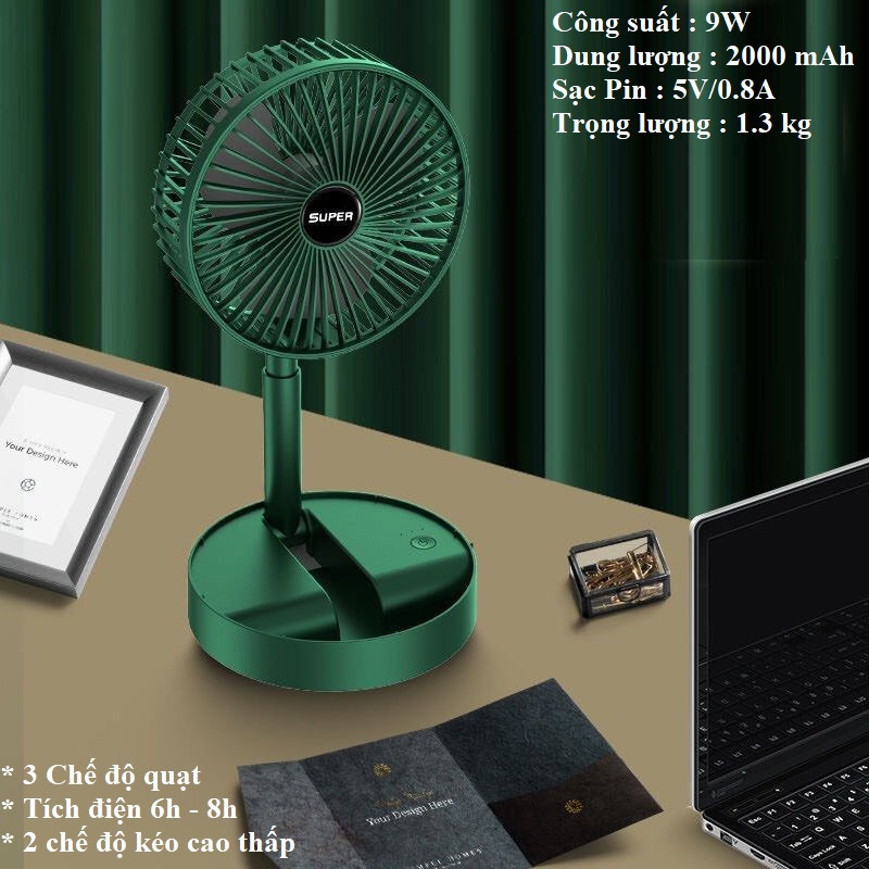 Quạt tích điện để bàn mini Super gấp gọn có thể kéo dài 3 tốc độ gió xoay 360 cổng sạc usb tiện dụng